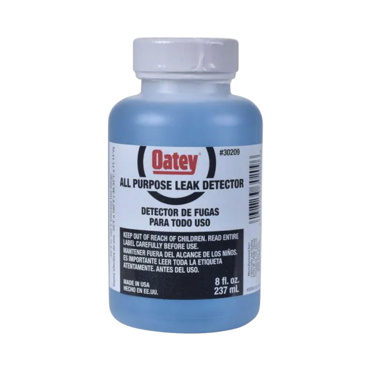 A bottle of Go Build 8 oz. All-Purpose Leak Detector, The Fastest Way To Build, with blue leak detection liquid and a bilingual English/Spanish label.